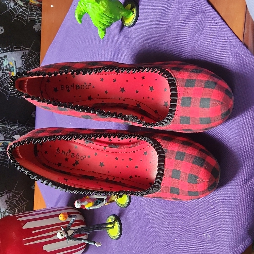 Bamboo brand red and black gingham heels. Size 9